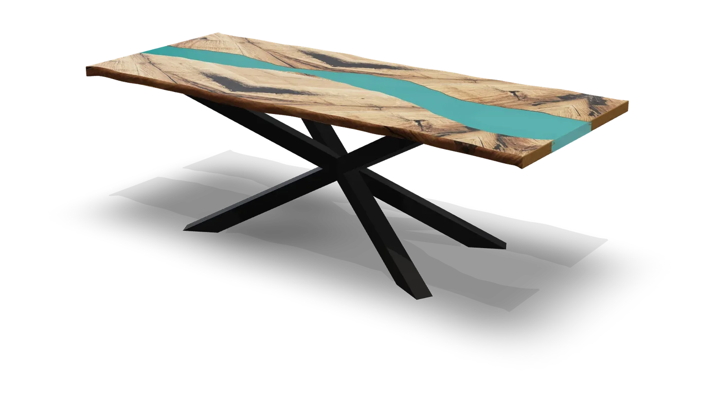 3D-Ansicht: Rivertable aus Eiche Altholz mit türkisem Epoxidharz auf schwarzem Kreuzgestell
